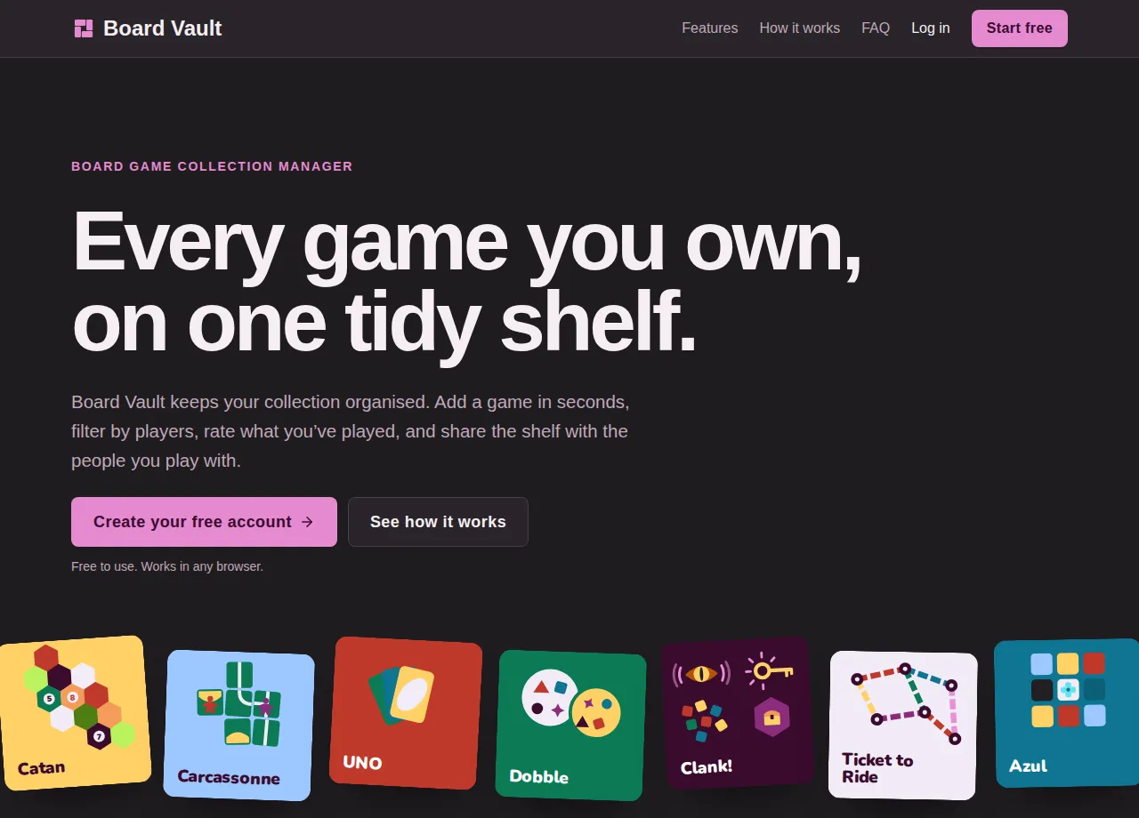Board Vault landing page, headed "Every game you own, on one tidy shelf", above a row of board game box covers