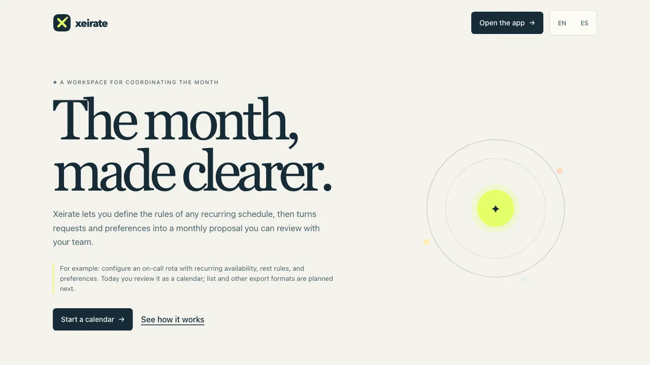 Xeirate landing page, headed "The month, made clearer."